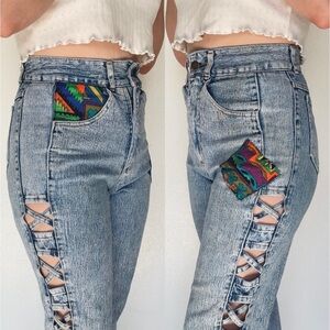 Watch LA | Vintage 80s 90s Curvy Acid-Washed Patchwork Cut-Out Skinny Jeans